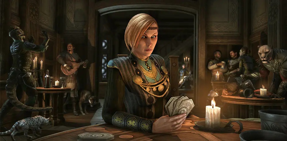 Elder Scrolls online, playing Tales of Tribute in an inn.