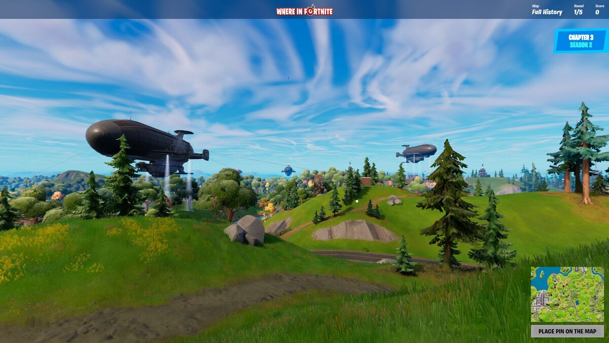 Where In Fortnite, placed in a green field in front of an airship.