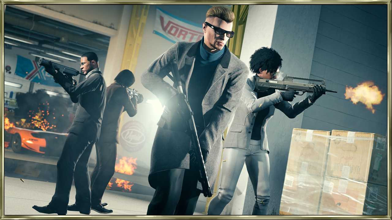 GTA Online, players in suits shooting up a car dealership