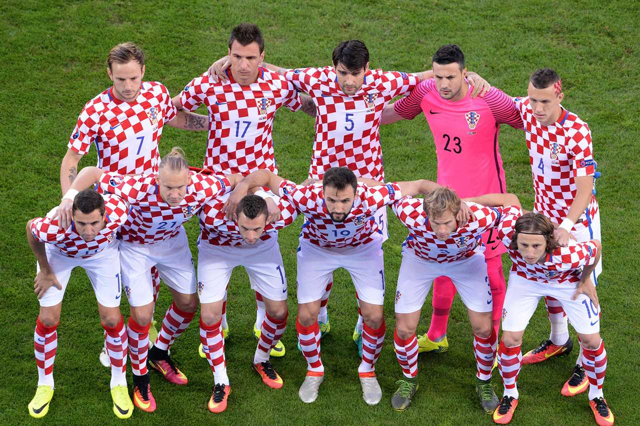 Croatia players line-up for the pre-match photo ahead of their game with Portugal