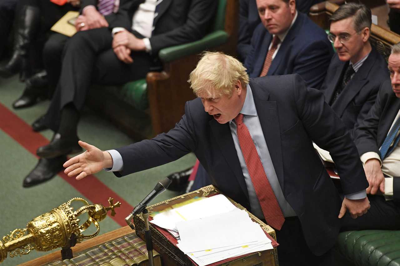 Prime Minister Boris Johnson looks fired up while addressing the opposition in the House of Commons, London