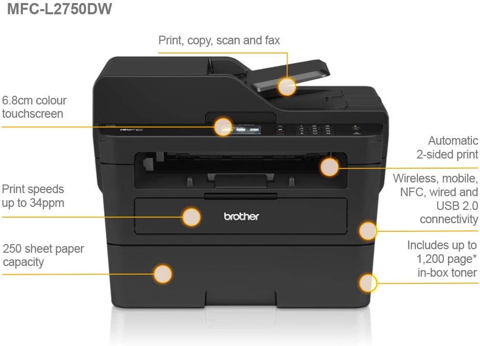 Brother MFC-L2750DW Mono Laser Printer - All-in-One, Wireless/USB 2.0/NFC, Printer/Scanner/Copier/Fax Machine, 2 Sided Printing, A4 Printer