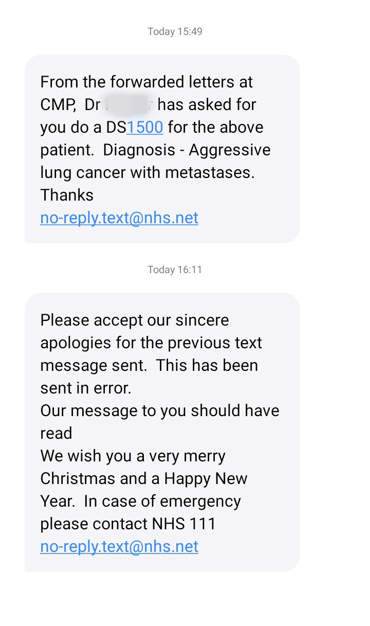 Patients receive wrong lung cancer diagnosis following GP Christmas text blunder