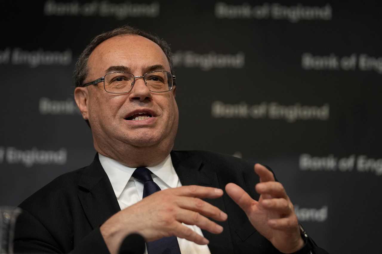 FILE - Andrew Bailey, Governor of the Bank of England, addresses the media on the Monetary Policy Report at the Bank of England in London, May 5, 2022. Leading global central bankers asserted Wednesday, June 28, 2023, that they are not backing off their steep interest rate increases, pointing to inflation being more persistent than expected but still downplaying fears of recession from their hikes. (AP Photo/Frank Augstein, Pool, File)