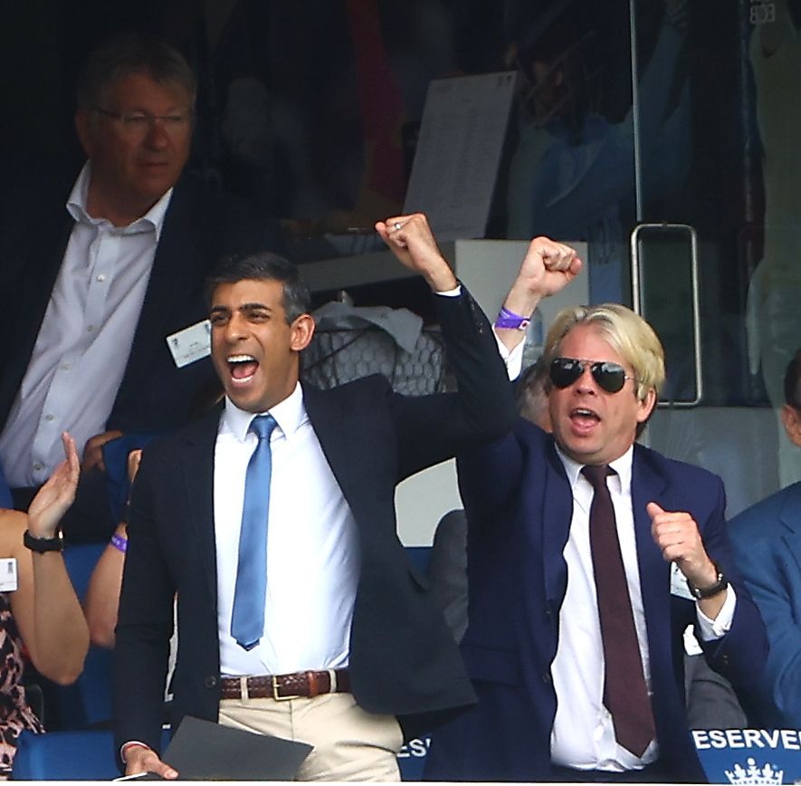 Mandatory Credit: Photo by Kieran McManus/Shutterstock (13984814aq) Prime Minister Rishi Sunak celebrates the wicket of Steve Smith of Australia falling to Josh Tongue of England England v Australia, The Ashes, 2nd Test, Day Four, LV= Insurance Men's Ashes Series, Cricket, Lords, London, UK - 01 Jul 2023