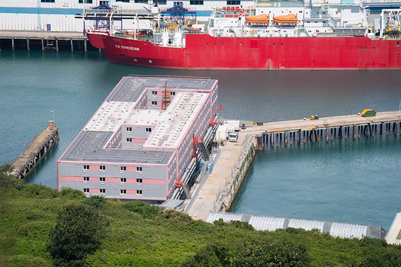 The Bibby Stockholm accommodation barge at Portland Port in Dorset, which will house up to 500 people. The Home Office have said around 50 asylum seekers would board the Bibby Stockholm, with the numbers rising to its maximum capacity over the coming months, despite safety concerns raised by some of the county's Conservative MPs and locals. Picture date: Tuesday August 1, 2023. PA Photo. See PA story POLITICS Migrants. Photo credit should read: James Manning/PA Wire