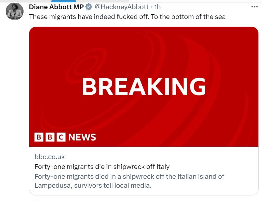 Diane Abbott blasted over tweet saying 41 migrants who died in Lampedusa shipwreck ‘f***ed off to the bottom of the sea’