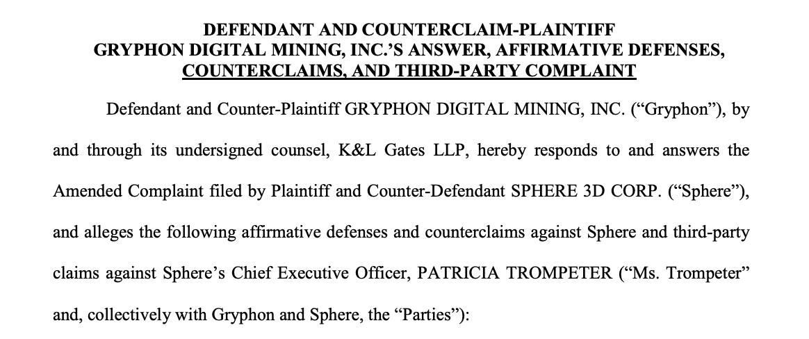 Gryphon Digital Seeks Dismissal of Sphere 3D's Lawsuit Over Bitcoin Fraud