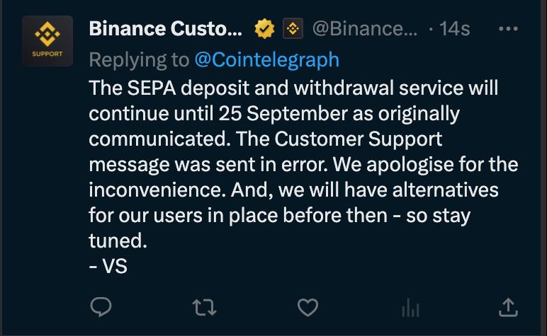Binance Faces Withdrawal Issues in Europe, Blames Payment Processor