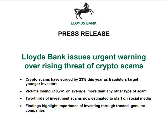Lloyds Bank Reports Surge in Cryptocurrency Scams