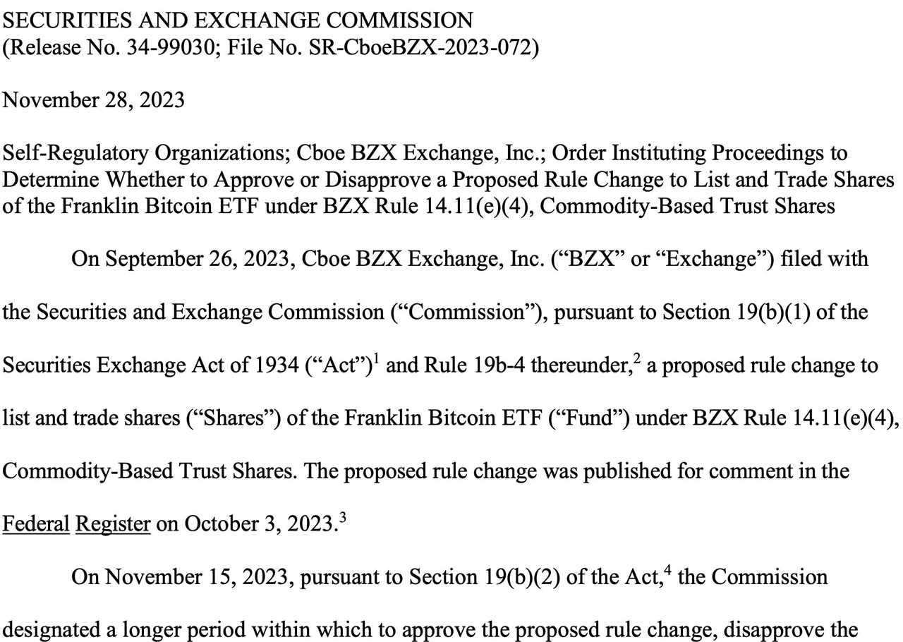 US SEC Requests Comments on Franklin Templeton and Hashdex Bitcoin ETF Bids