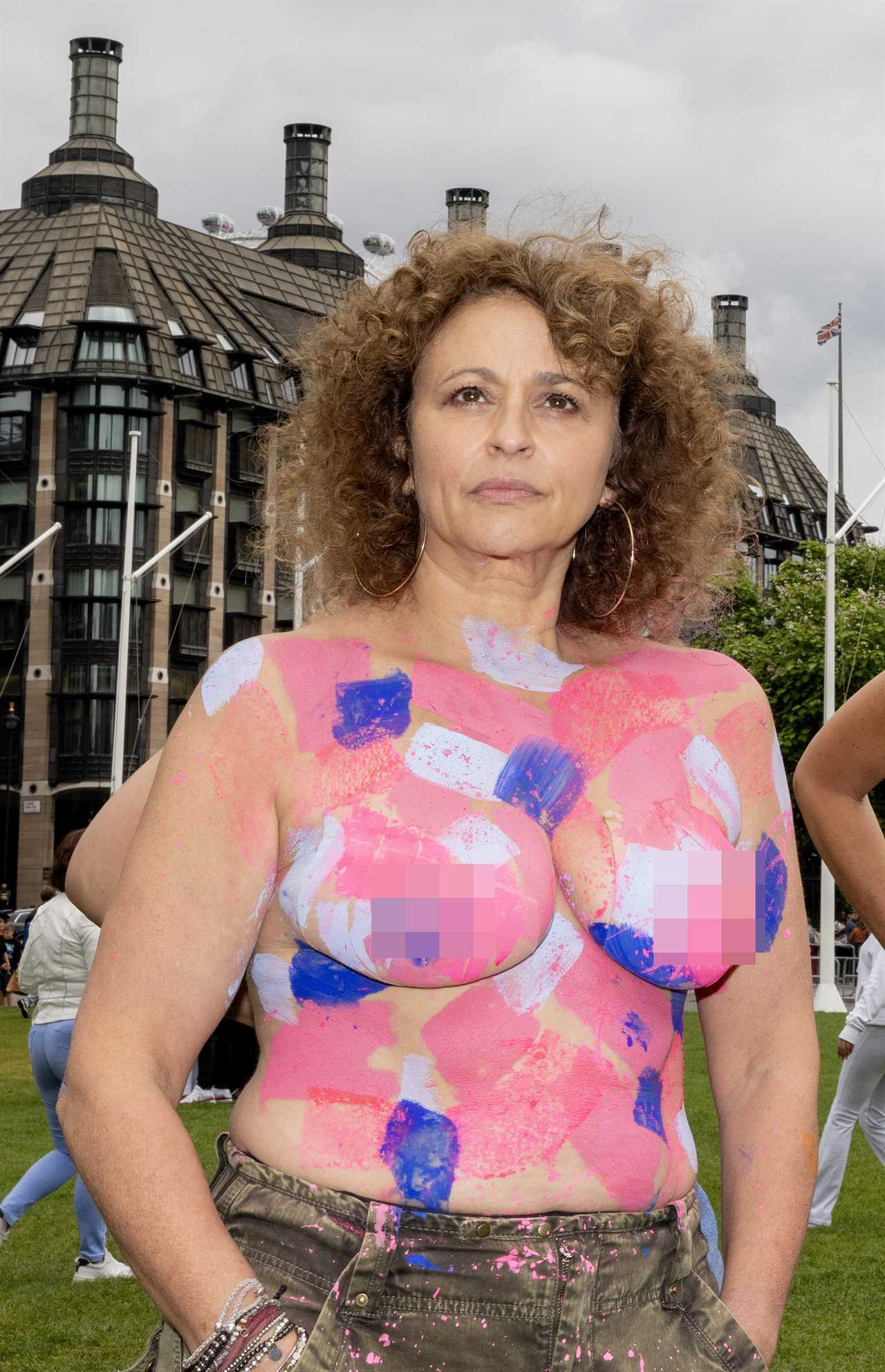 Loose Women star goes topless outside Parliament to advocate for cancer drug on NHS