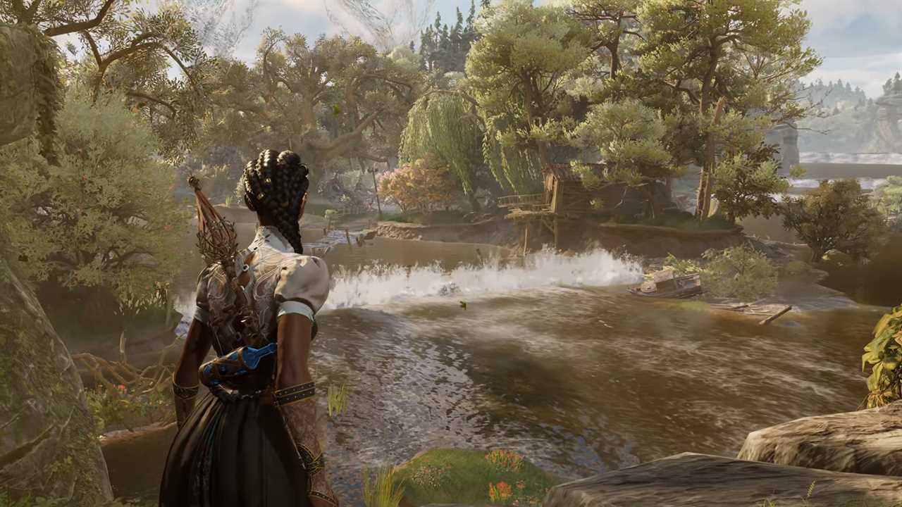 Screenshot of a video game showing a female character looking at a river with a small wooden structure on the bank.